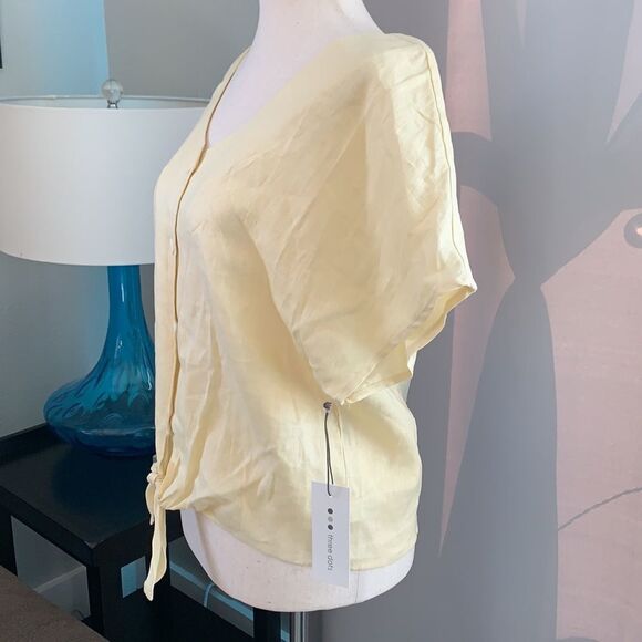 Three Dots linen v-neck button up tie waist yellow blouse size small - Picture 2 of 7